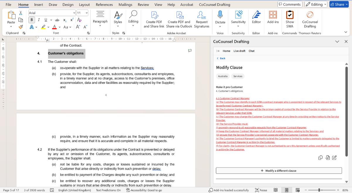 CoCounsel draft and modify clauses