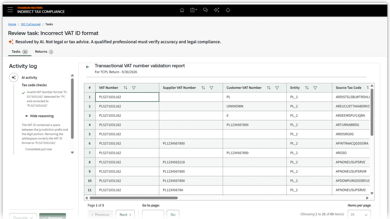 Screenshot image showing intelligent exception resolution of ONESOURCE Indirect compliance AI